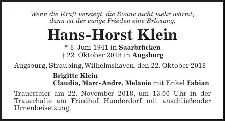 Traueranzeige Hans-Horst Klein