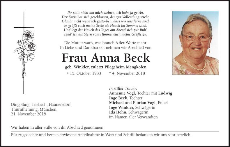 Traueranzeige Anna Beck