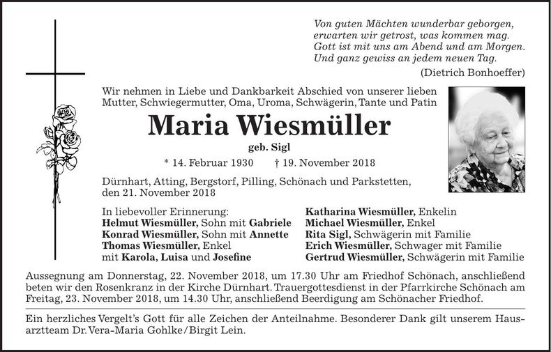 Traueranzeige Maria Wiesmüller