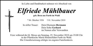 Traueranzeige Elfriede Mühlbauer
