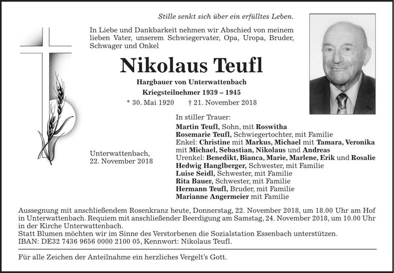 Traueranzeige Nikolaus Teufl