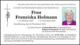 Traueranzeige Franziska Hofmann