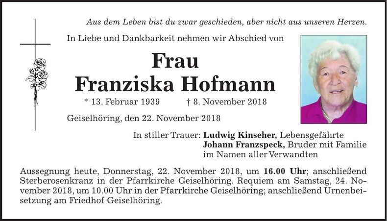 Traueranzeige Franziska Hofmann