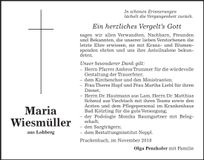 Traueranzeige Maria Wiesmüller