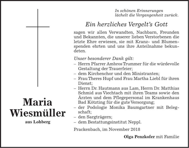 Traueranzeige Maria Wiesmüller