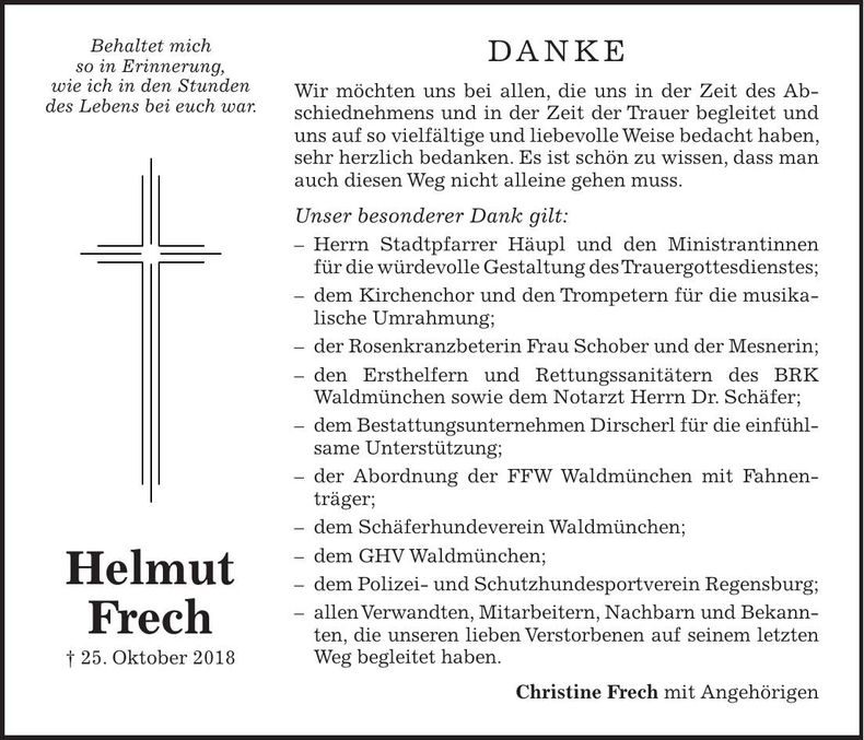 Traueranzeige Helmut Frech