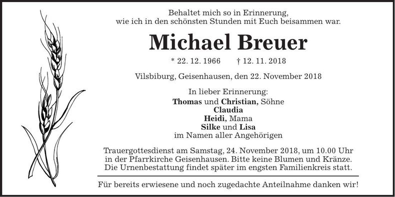 Traueranzeige Michael Breuer