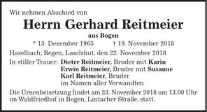 Traueranzeige Gerhard Reitmeier