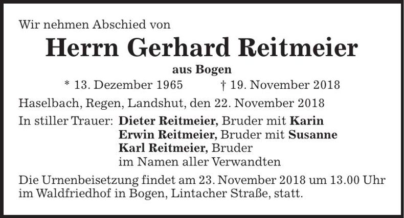 Traueranzeige Gerhard Reitmeier