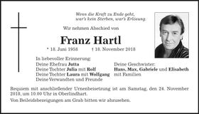 Traueranzeige Franz Hartl