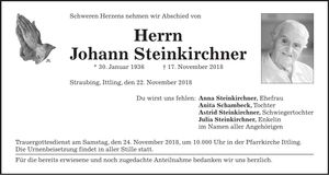 Traueranzeige Johann Steinkirchner