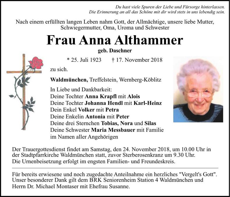 Traueranzeige Anna Althammer