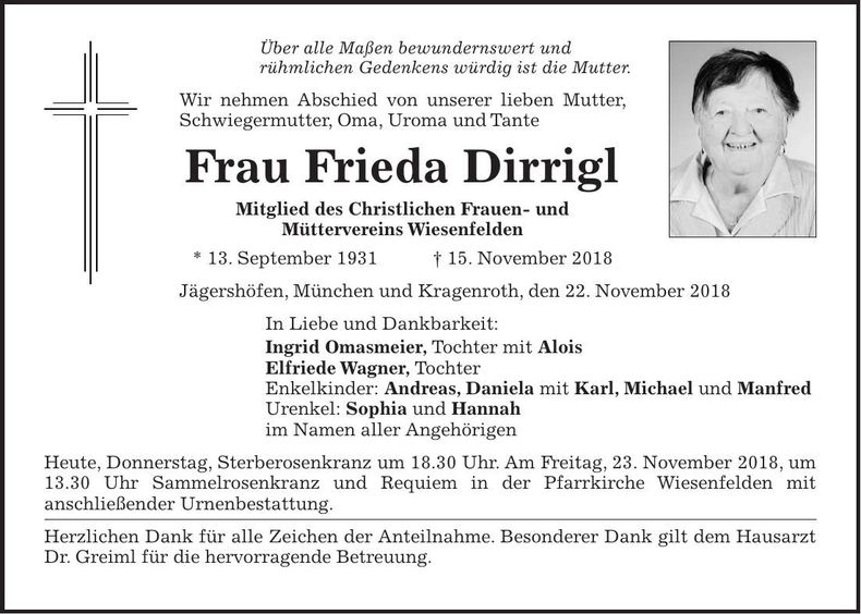 Traueranzeige Frieda Dirrigl