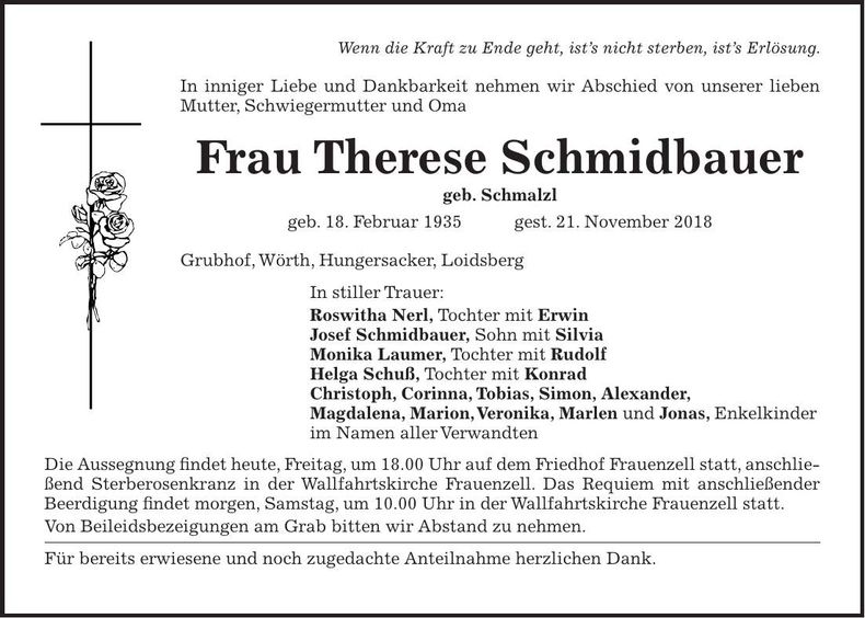 Traueranzeige Therese Schmidbauer