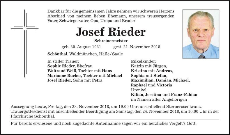 Traueranzeige Josef Rieder
