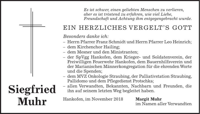 Traueranzeige Siegfried Muhr