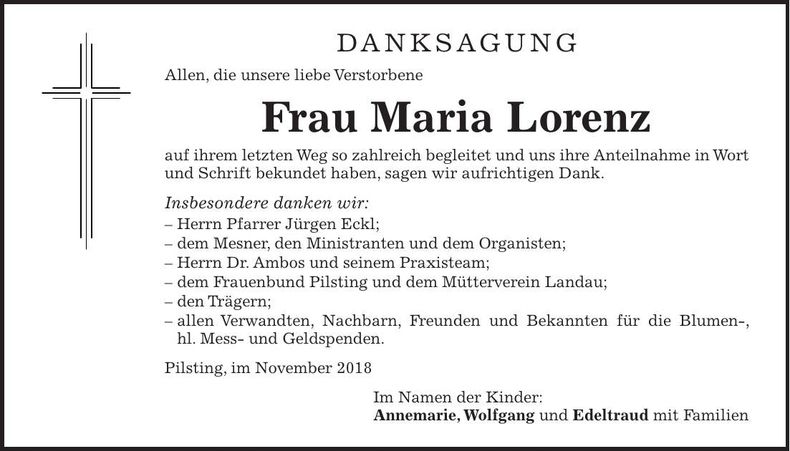 Traueranzeige Maria Lorenz
