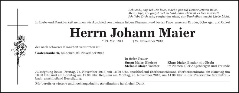 Traueranzeige Johann Maier