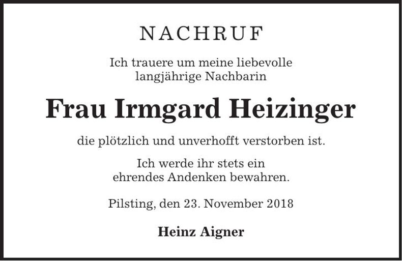 Traueranzeige Irmgard Heizinger