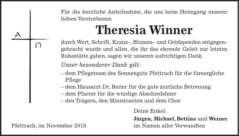 Traueranzeige Theresia Winner