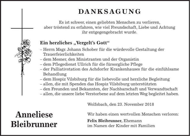 Traueranzeige Anneliese Bleibrunner