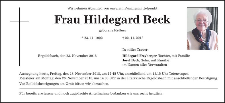 Traueranzeige Hildegard Beck