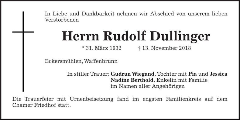 Traueranzeige Rudolf Dullinger