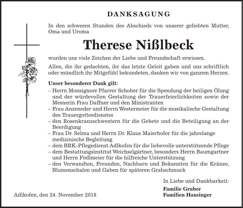 Traueranzeige Therese Nißlbeck