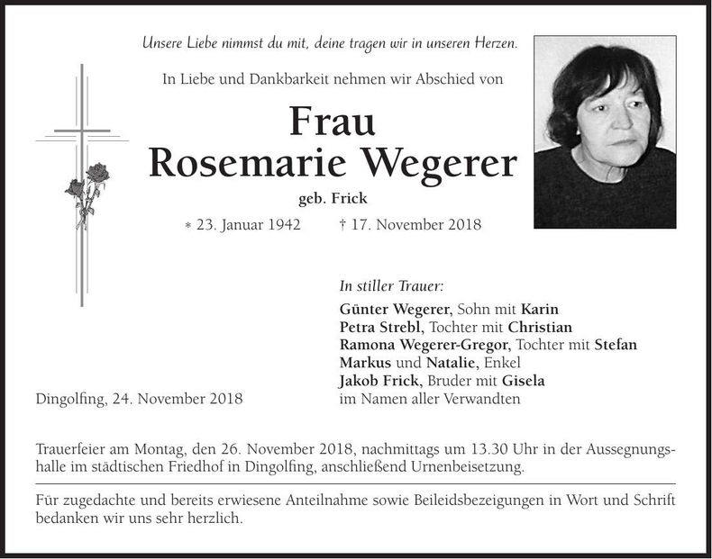 Traueranzeige Rosemarie Wegerer