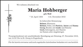 Traueranzeige Maria Hohberger