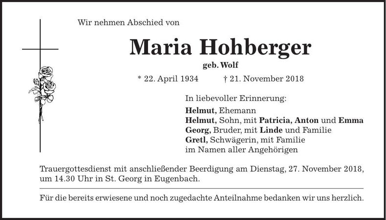 Traueranzeige Maria Hohberger
