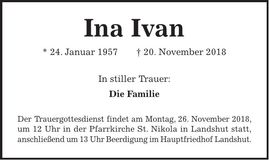 Traueranzeige Ina Ivan
