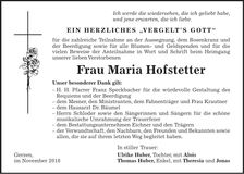 Traueranzeige Maria Hofstetter