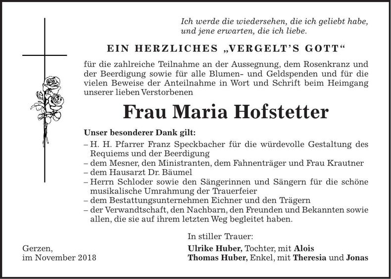 Traueranzeige Maria Hofstetter
