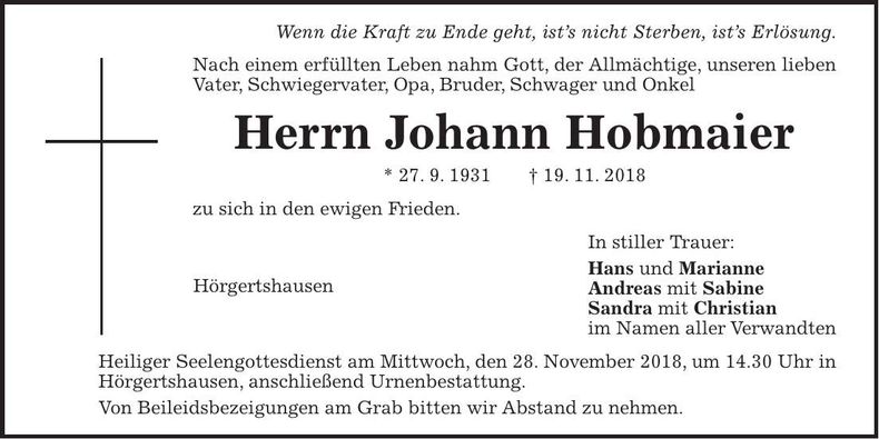 Traueranzeige Johann Hobmaier
