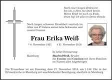 Traueranzeige Erika Weiß