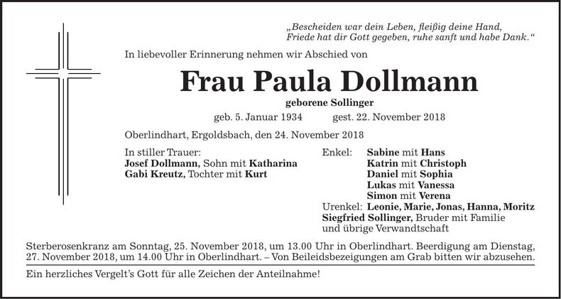 Traueranzeige Paula Dollmann