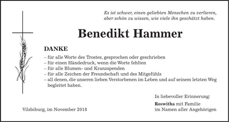 Traueranzeige Benedikt Hammer