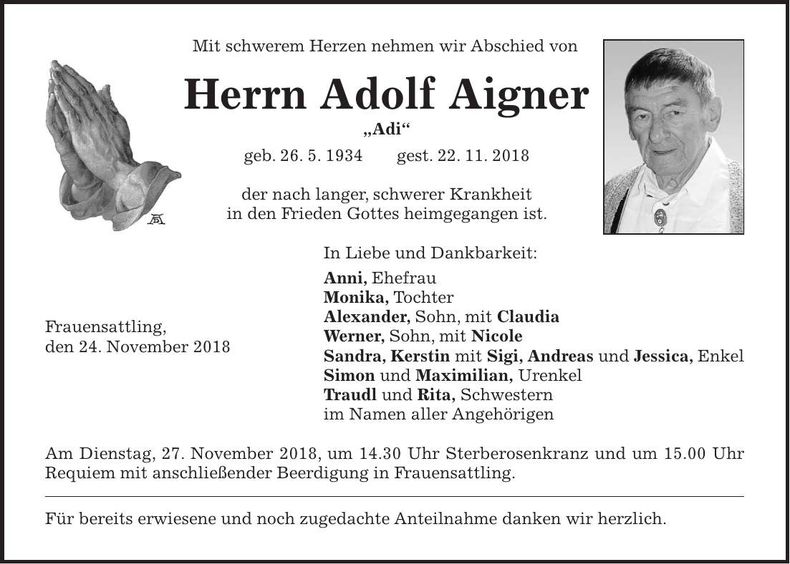 Traueranzeige Adolf Aigner