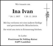 Traueranzeige Ina Ivan