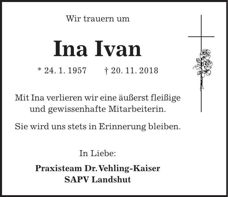 Traueranzeige Ina Ivan