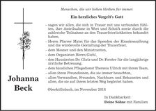 Traueranzeige Johanna Beck