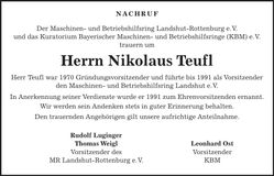 Traueranzeige Nikolaus Teufl