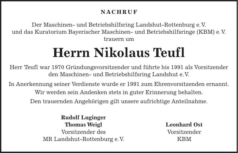 Traueranzeige Nikolaus Teufl