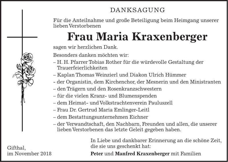Traueranzeige Maria Kraxenberger