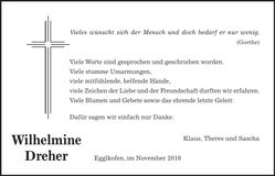 Traueranzeige Wilhelmine Dreher