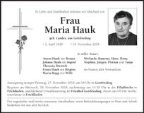 Traueranzeige Maria Hau