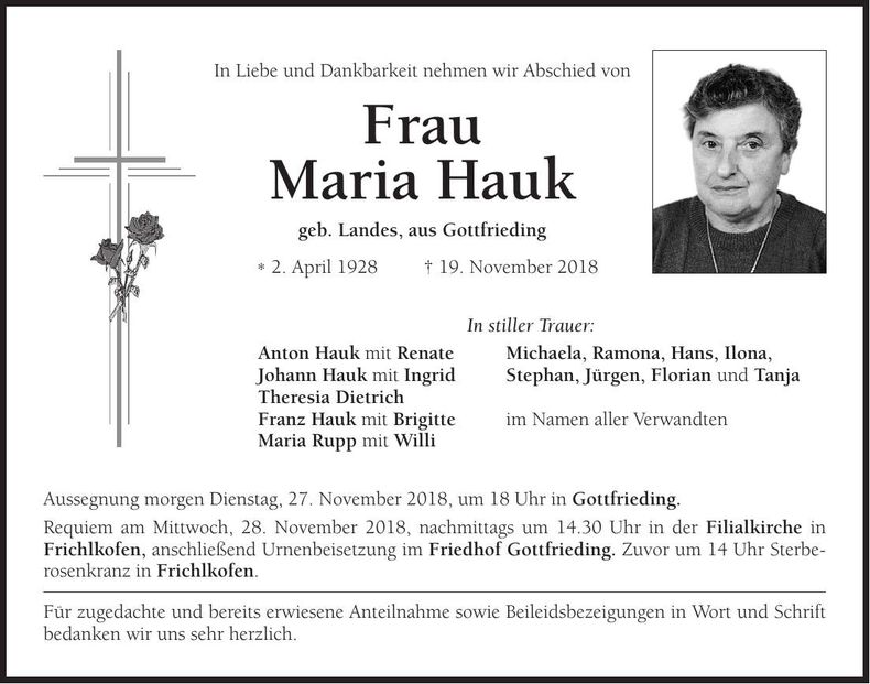 Traueranzeige Maria Hau
