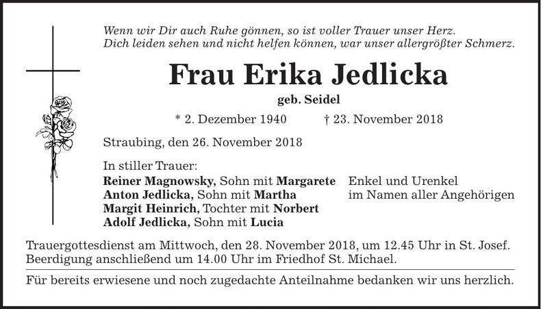 Traueranzeige Erika Jedlicka