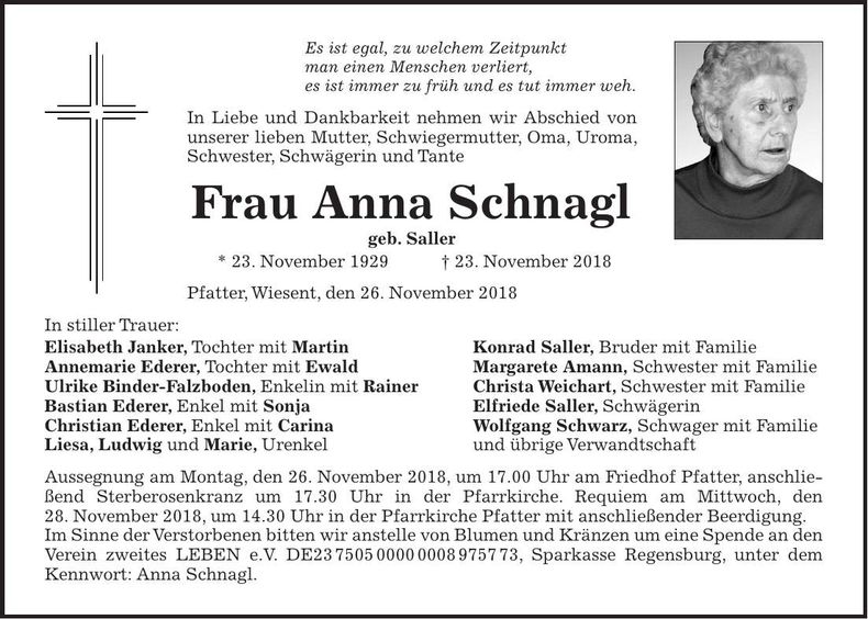 Traueranzeige Anna Schnagl